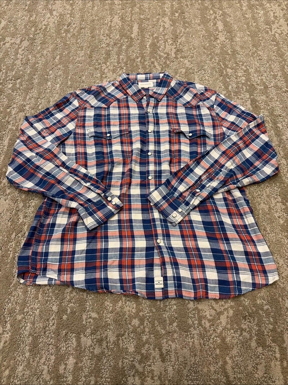 Lucky Brand Mens Blue Plaid Western Shirt Sz XL Cowboy Country Snap Front Ranch